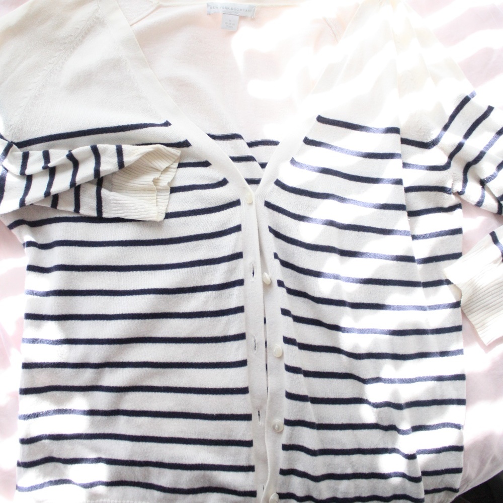 Navy and cream button down sweater.